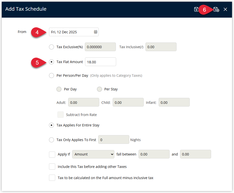 Screenshot of the Add Tax Schedule dialog in RMS showing fields to choose an Effective From Date and enter the new Tax Amount, with a Save/Exit button to confirm the scheduled change.