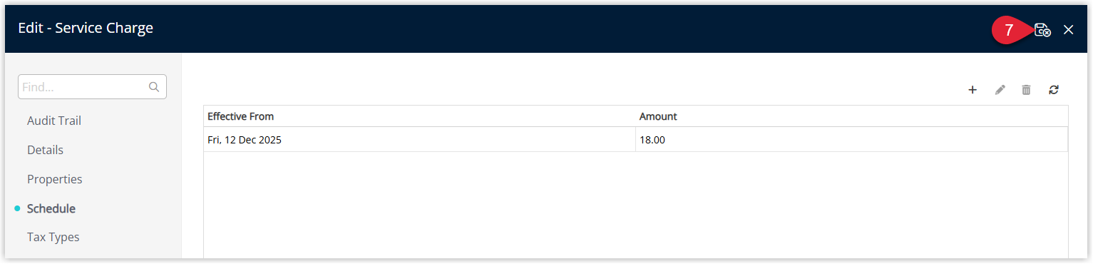 Screenshot of the Tax edit window in RMS displaying the newly added schedule row with its Effective From Date and Tax Amount, and the main Save/Exit button highlighted to save the tax changes.