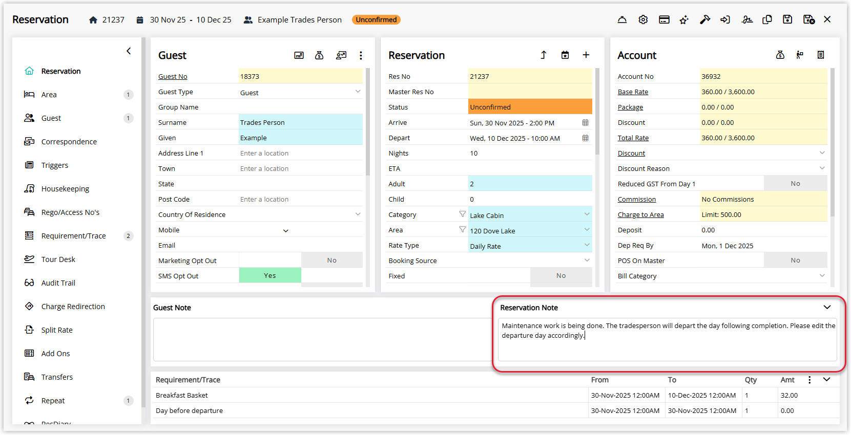 Reservation screen in RMS with a Reservation Notes or Notes section visible, containing a note explaining that the guest’s exact departure date is unknown and outlining how front desk staff should manage changes to the stay