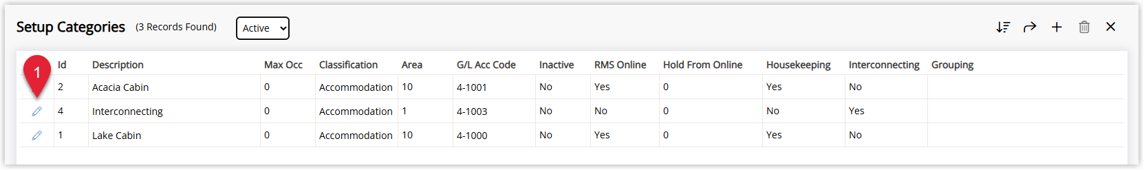 RMS Category/Area setup list showing an Interconnecting Category highlighted with the Edit button selected to open its details.