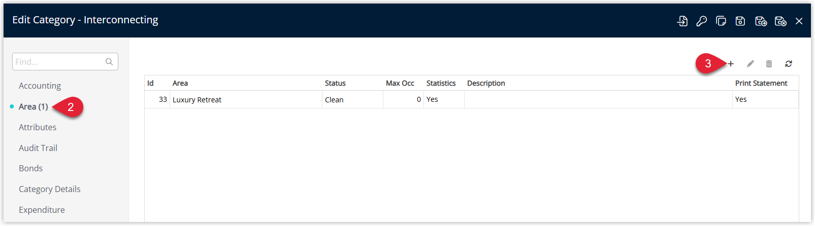 RMS Category edit window on the Area tab displaying a list of existing areas and the Add button clicked to create a new Interconnecting Area.