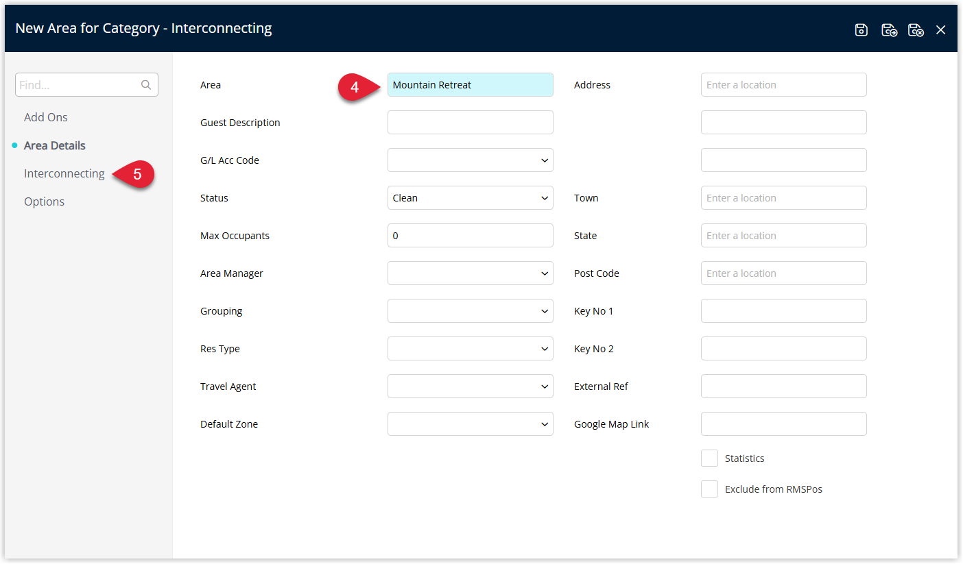 RMS Area edit screen for the new area with the Interconnecting tab selected, ready to allocate sibling areas that will form the combined interconnecting unit.