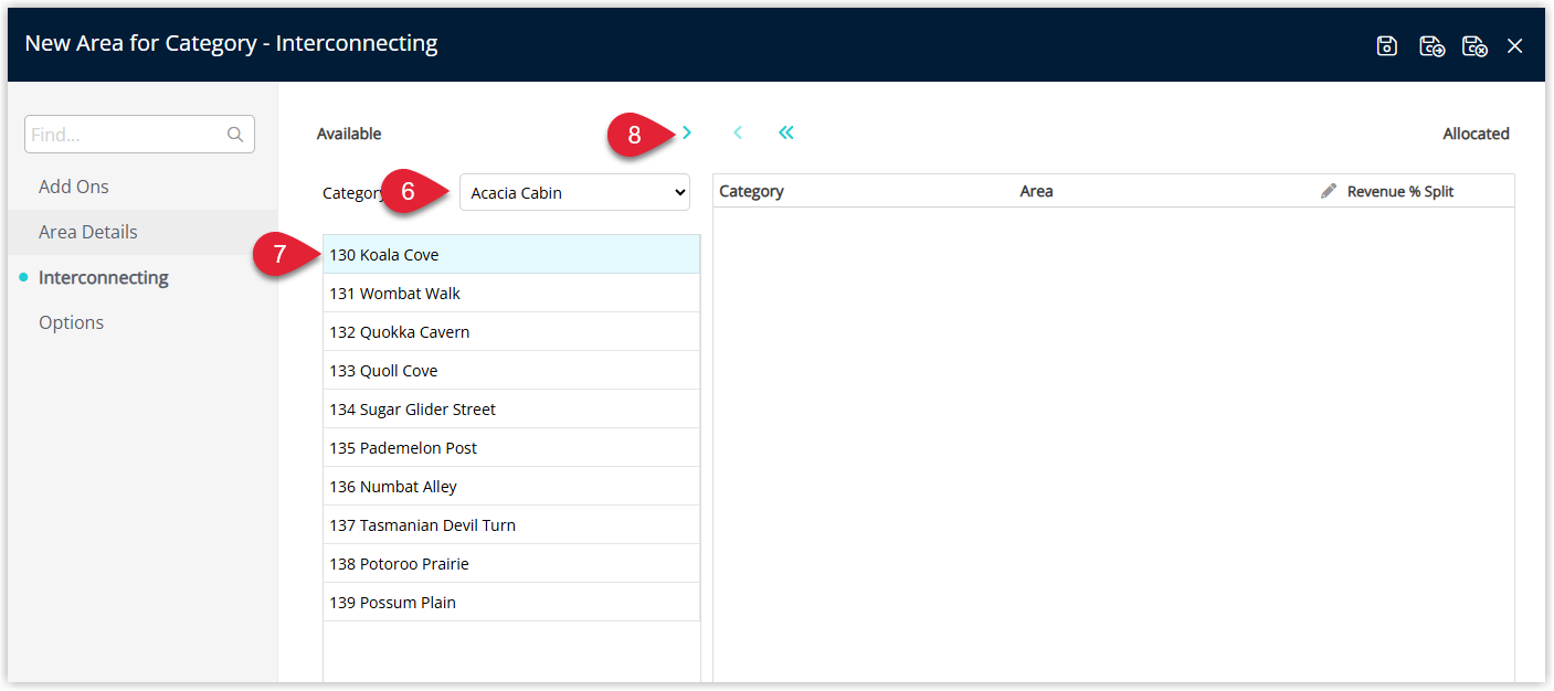 RMS Interconnecting tab showing dropdowns to choose a Category and Sibling Area, with the first sibling area selected and the Allocate button used to add it to the interconnecting configuration.