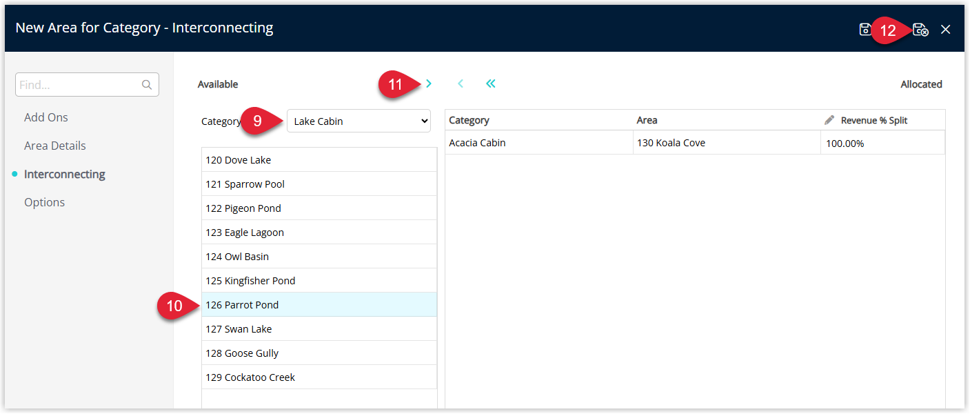RMS Interconnecting tab listing multiple sibling areas (for example, a 1-Bedroom Suite and a 2-Bedroom Apartment) allocated to the new Interconnecting Area, with Save/Exit selected to create the combined bookable unit.