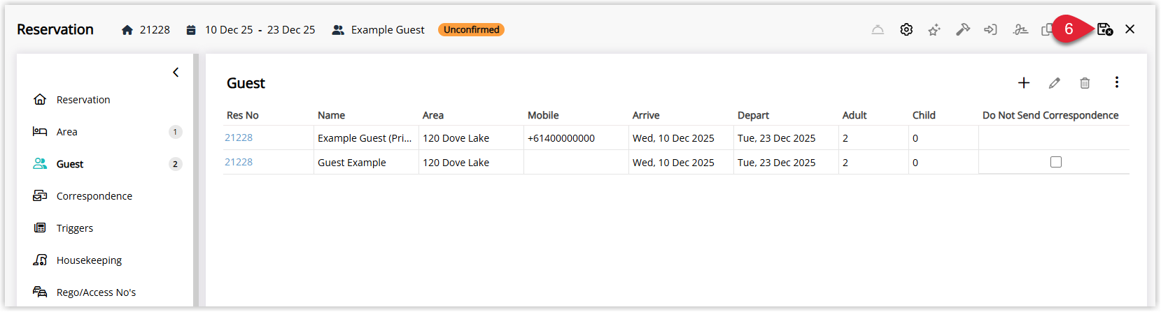 Reservation screen in RMS after saving, on the Guest tab, showing both the primary guest and the newly added secondary guest listed for the same area, with Save/Exit available to close the reservation