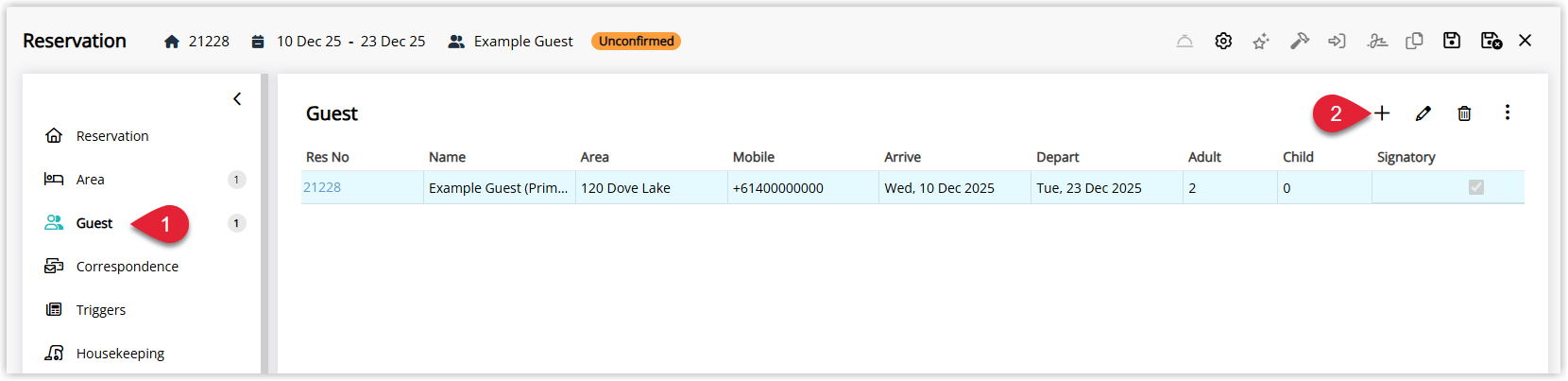 Reservation window in RMS with the Guest tab selected, showing the primary guest details and an Add button highlighted to include an additional (secondary) guest on the reservation
