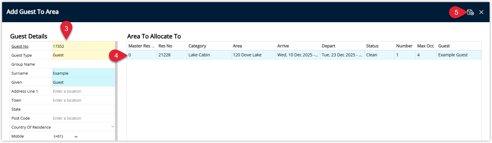 Add Guest to Reservation dialog in RMS displaying fields for guest details or a Smart Search option to select an existing Guest Profile, plus an Area selection dropdown or list, with the Allocate/Exit button highlighted to add the secondary guest