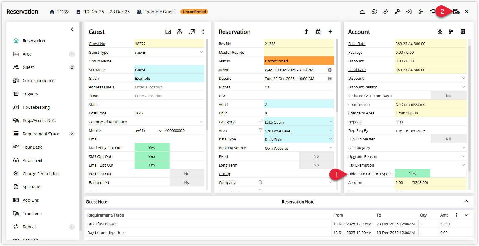 RMS Reservation screen showing the Hide Rate on Correspondence option toggled to Yes, with the Save/Exit button highlighted, indicating that any merged confirmation or correspondence for this reservation will mask rate amounts as $x.xx instead of displaying actual prices.