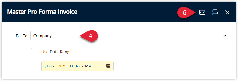 Master Proforma Invoice window in RMS showing the Bill To selector, optional Use Date Range checkbox with from/to dates, and Email and Print buttons to send or print the proforma invoice.