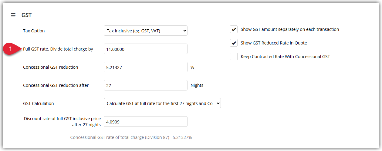 Screenshot of the RMS GST configuration screen showing the Full GST settings with the tax-inclusive divisor set to 11 for calculating GST on fully taxable charges.