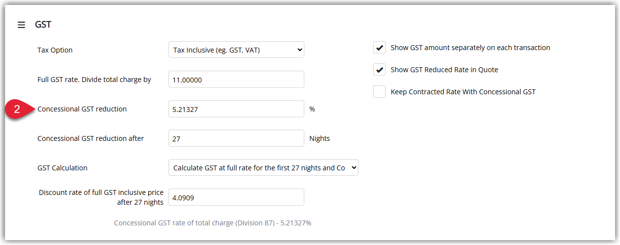 Screenshot of the RMS GST configuration screen showing the Concessional GST settings, including the concessional percentage and divisor values used to calculate GST on partially taxable charges.