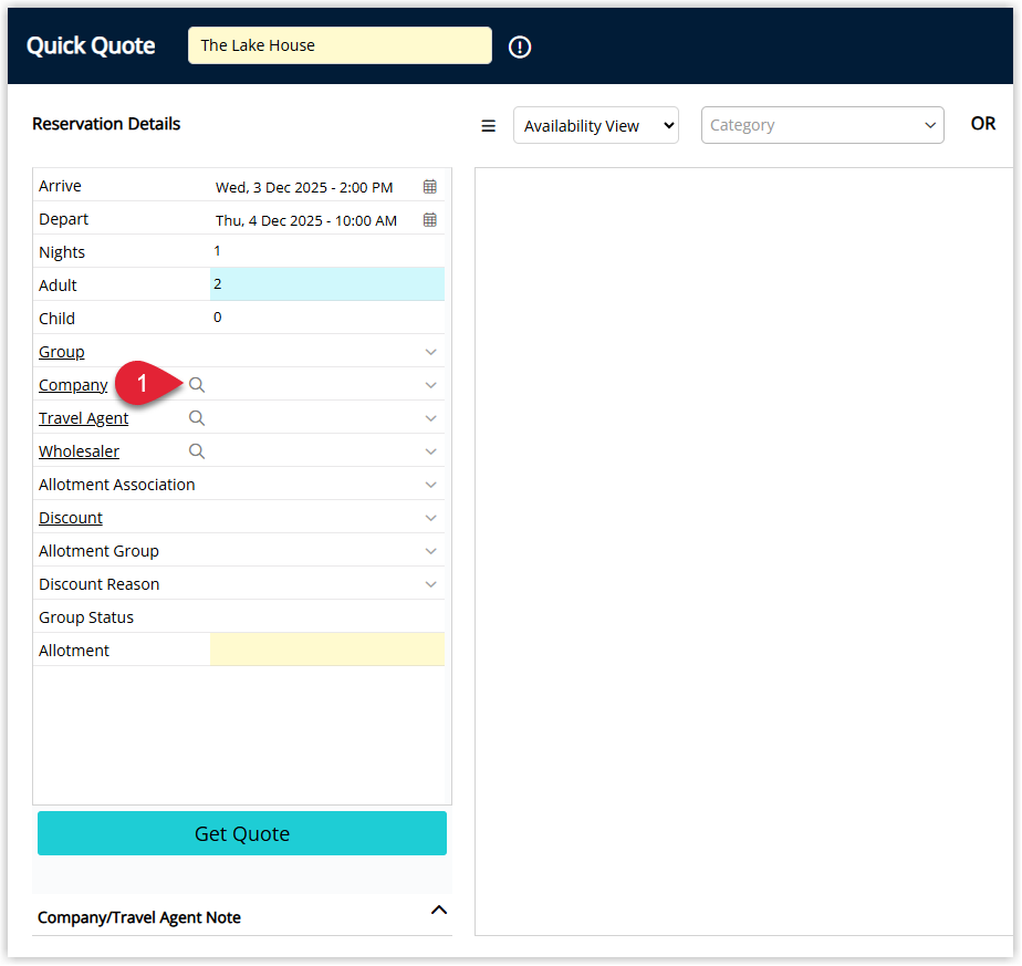 RMS Quick Quote screen showing the Company field with the search (magnifying glass) icon highlighted, indicating the option to open the Advanced Company Search window.