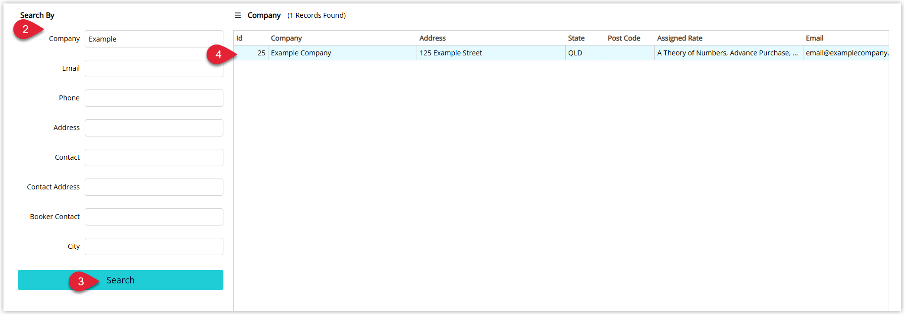RMS Advanced Company Search window displaying multiple search fields such as Company Name, Email, Phone, Address, Contact, Booker Contact, and City, with results listed below and the desired company row highlighted, ready to be selected with a double-click.