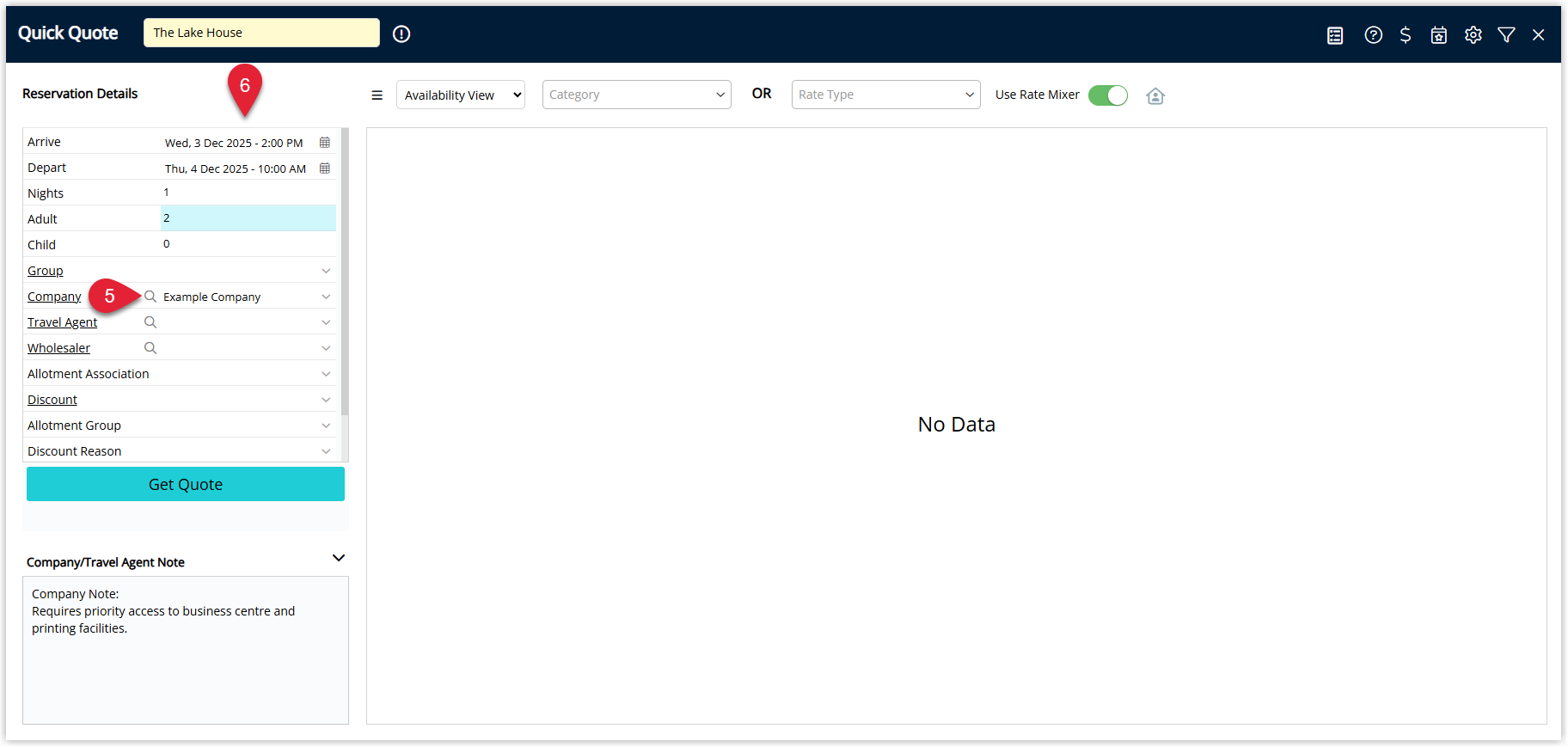 RMS Quick Quote screen after selecting a company, showing the Company field populated with the chosen company name and the remaining Quick Quote search options ready to be used to generate a reservation quote.