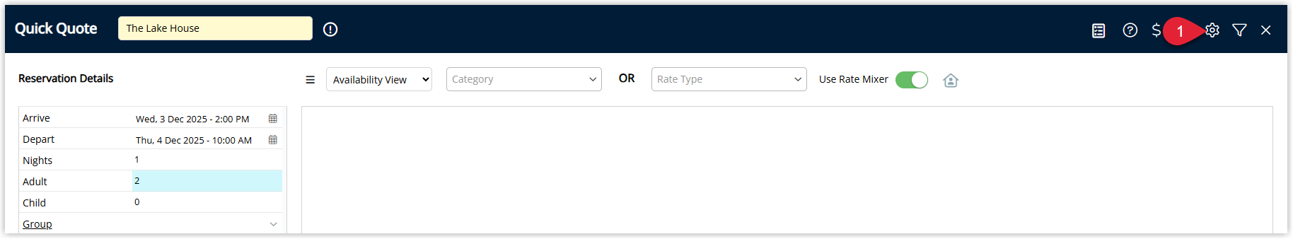 Annotated screenshot of the Quick Quote screen in RMS highlighting the Options icon