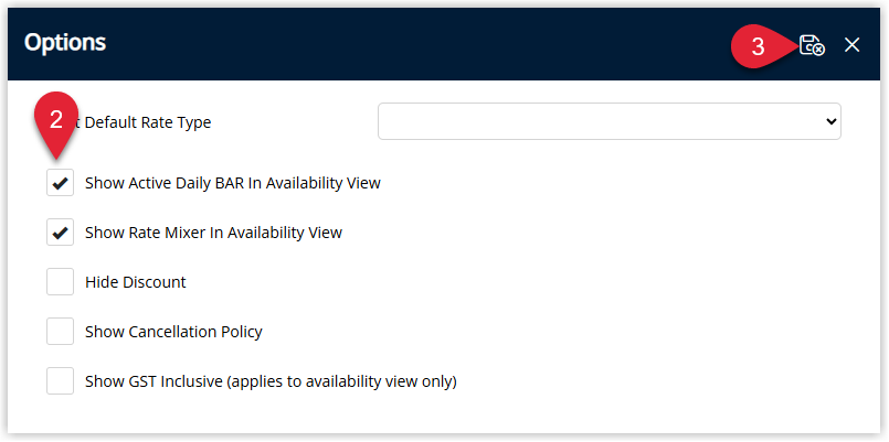 Annotated screenshot of the Quick Quote Options dialog in RMS highlighting the Show Active Daily BAR In Availability View checkbox and the Save and Exit icon