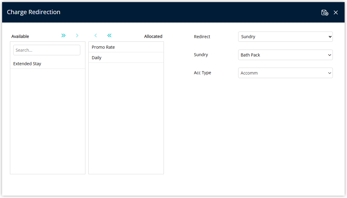 Screenshot of the Sundry redirect configuration in RMS showing a Sundry Charge selection field and a Reservation Account Type field used to redirect that sundry’s charges to a specific reservation account type.