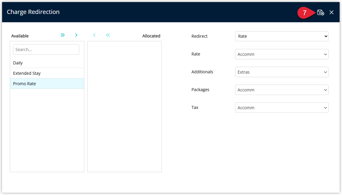 Screenshot of the Charge Redirection grid in RMS showing a redirect option of Rate with account mappings where Rate and Packages are set to Accomm, Additionals to Extras and Tax to Accomm, summarising how all components will post to specific reservation account types.