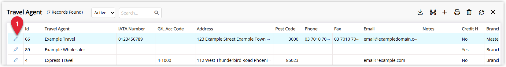 Screenshot of the Travel Agent list in RMS showing multiple agents with one agent highlighted and the Edit option selected to open the Travel Agent for charge redirection setup.