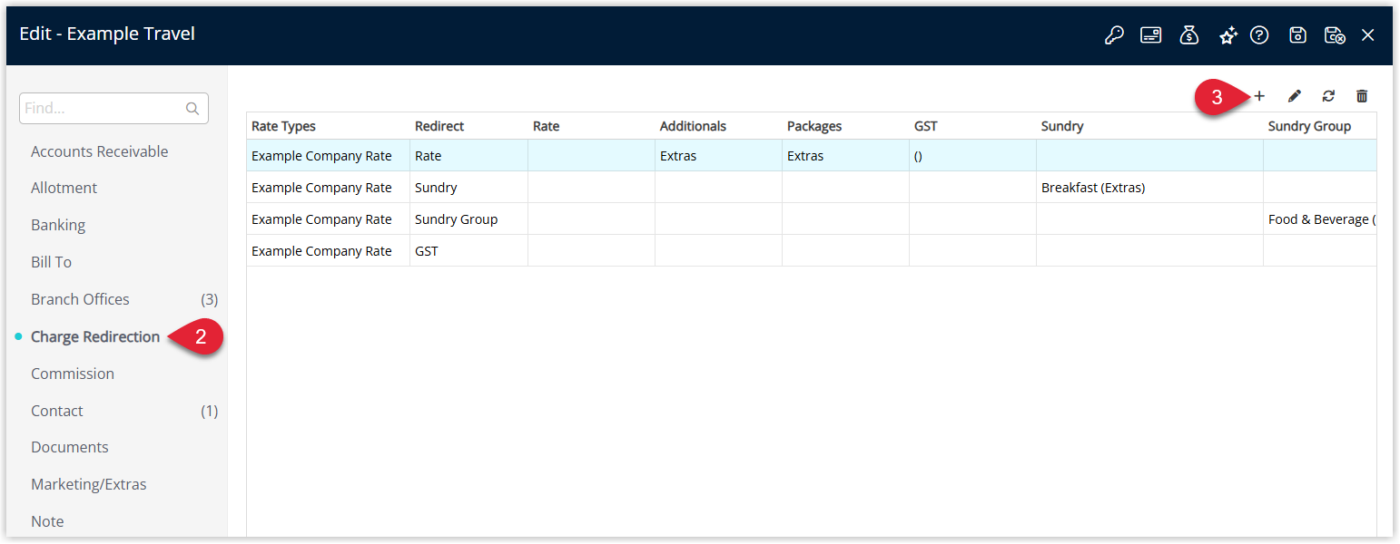 Screenshot of the Travel Agent profile in RMS on the Charge Redirection tab highlighting the Add button used to create a new charge redirection rule for the selected agent.