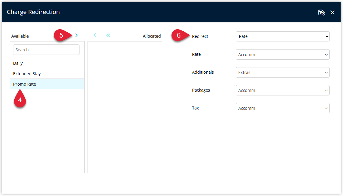 Screenshot of the Charge Redirection setup window in RMS showing a selected Rate Type, the Allocate button and the list of Redirect Options, including Rate, Sundry, Sundry Grouping and Tax.