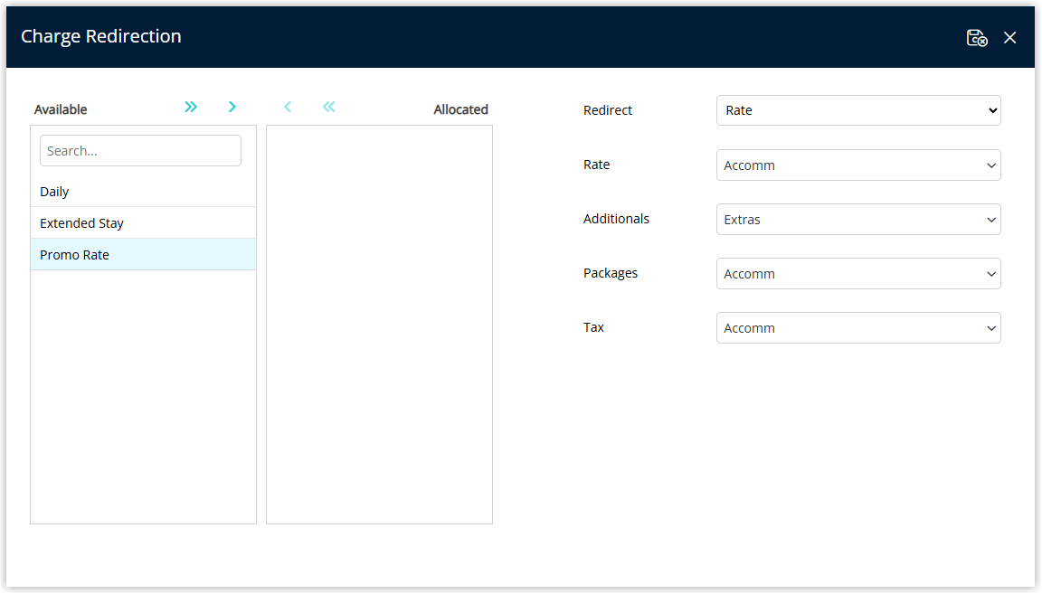 Screenshot of the Rate redirect configuration in RMS showing drop-down fields to select Reservation Account Types for Rate, Additionals, Packages and Rate Type Tax before saving the charge redirection rule.