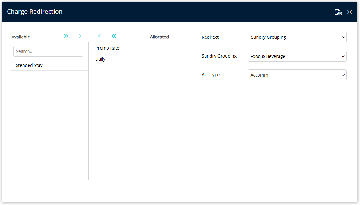 Screenshot of the Sundry Grouping redirect configuration in RMS showing a Sundry Grouping selection field and a Reservation Account Type field used to redirect all sundries in that grouping to the chosen reservation account type.