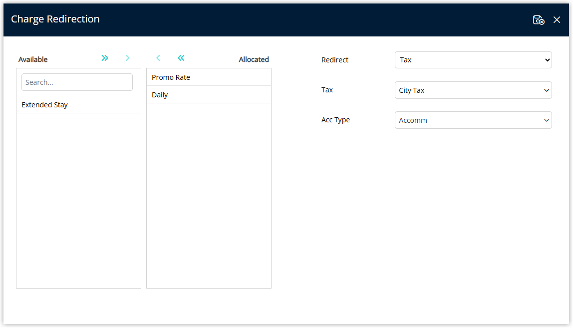 Screenshot of the Charge Redirection grid in RMS showing allocated Rate Types such as Promo Rate and Daily with the Redirect option set to Tax, Tax set to City Tax and the Reservation Account Type set to Accomm, demonstrating tax-only redirection for those rates.