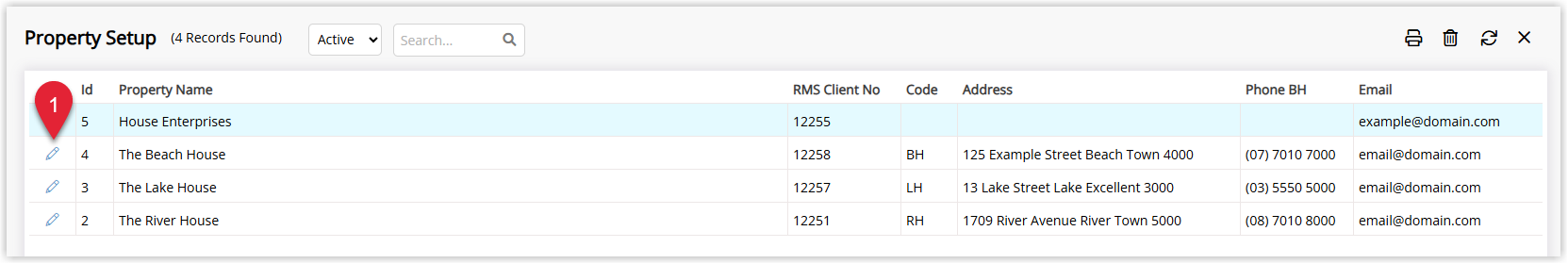 Property Information list in RMS showing existing properties with an Edit icon next to each property to open its configuration