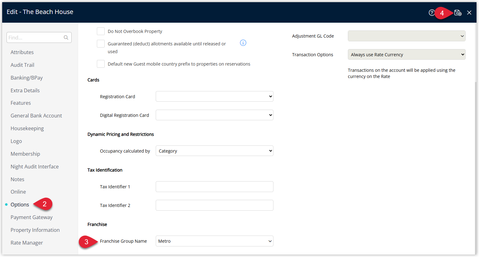 Property Information detail screen on the Options tab displaying a Franchise Group Name dropdown with a group selected, and a Save/Exit button to apply the franchise allocation