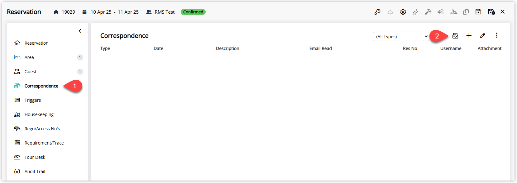 Reservation screen in RMS with the Correspondence tab selected and a Send Out button highlighted, used to send form letters and lease agreements for the reservation.