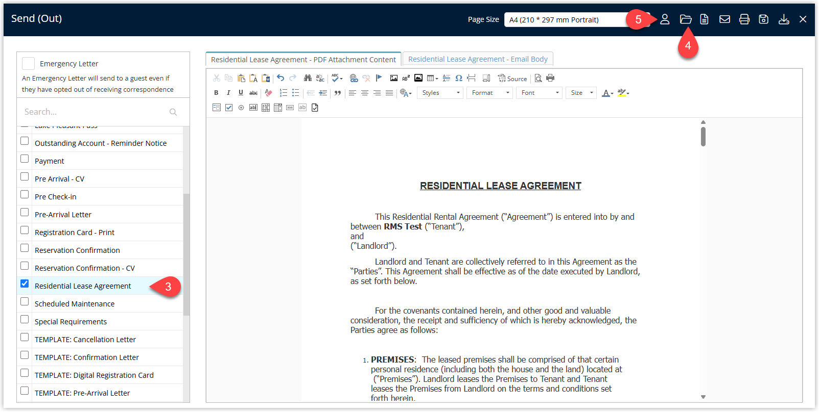 Correspondence send window in RMS showing a list of Form Letters with an Interactive Form Letter selected and opened, and a Send to Guest Portal option highlighted to deliver the lease agreement to the guest for completion and signature.