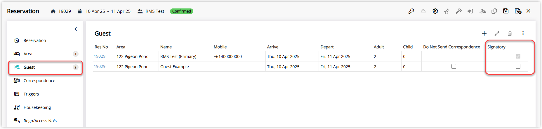 Reservation screen in RMS on the Guest tab displaying the Primary Guest and additional guests on the booking, with checkboxes or fields used to mark selected additional guests as required signatories for the Interactive Form Letter sent to the Guest Portal.