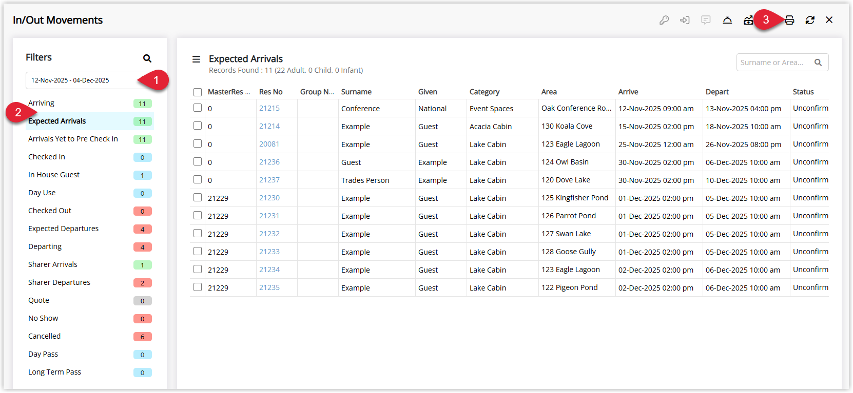 In/Out Movements screen in RMS with the Date and Reservation View selected, showing the Print button highlighted in the toolbar above the list of reservations