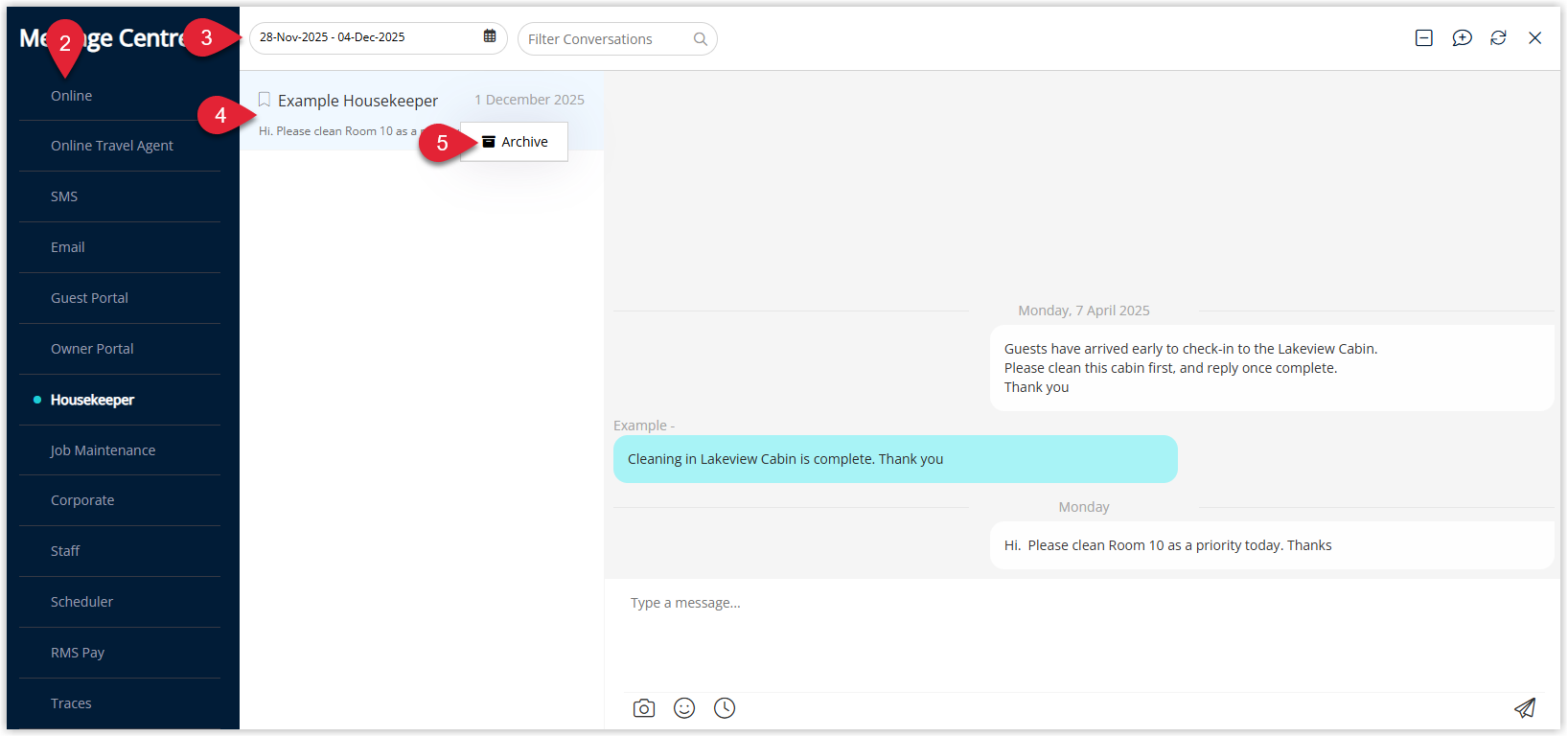 Message Centre in RMS with filters for Message Type and Date Range applied and a specific conversation highlighted in the list, showing a right-click context menu with the Archive option selected to remove the conversation from active view