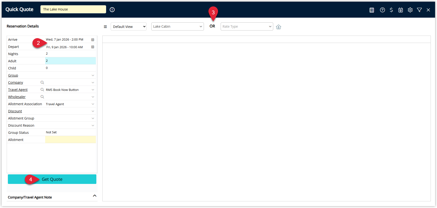 Add Area / Quote screen in RMS where the next stay dates, Rate Type and Category are selected, with the ‘Get Quote’ button highlighted to retrieve pricing for the additional stay.
