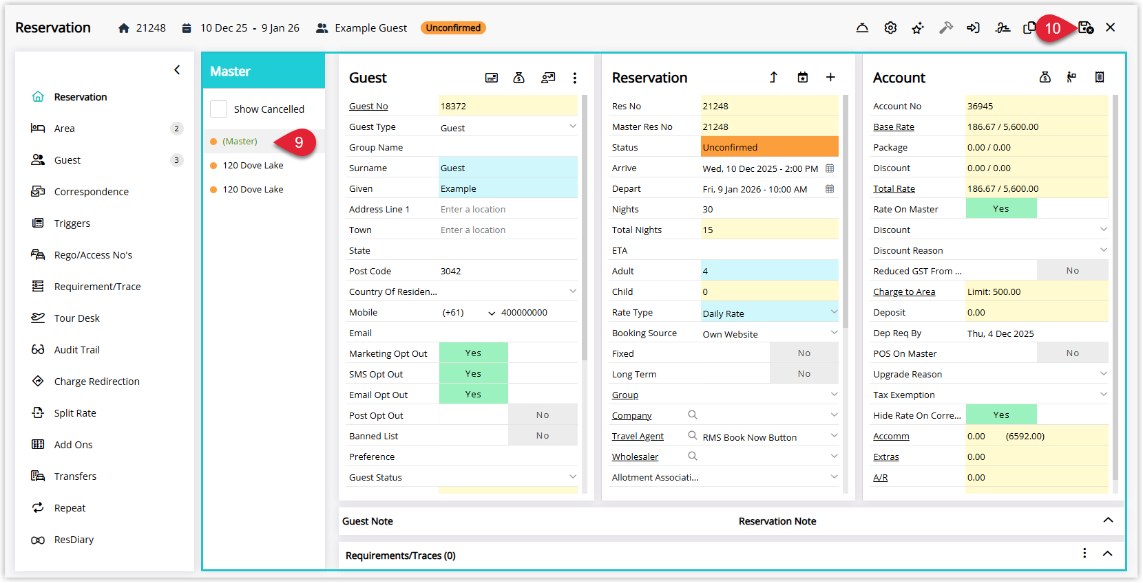 Group Master screen in RMS displaying the group settings for the guest’s multiple stays, with the ‘Rate on Group’ option set to ‘Yes’ and the Save/Exit button available to save the Master Reservation configuration.