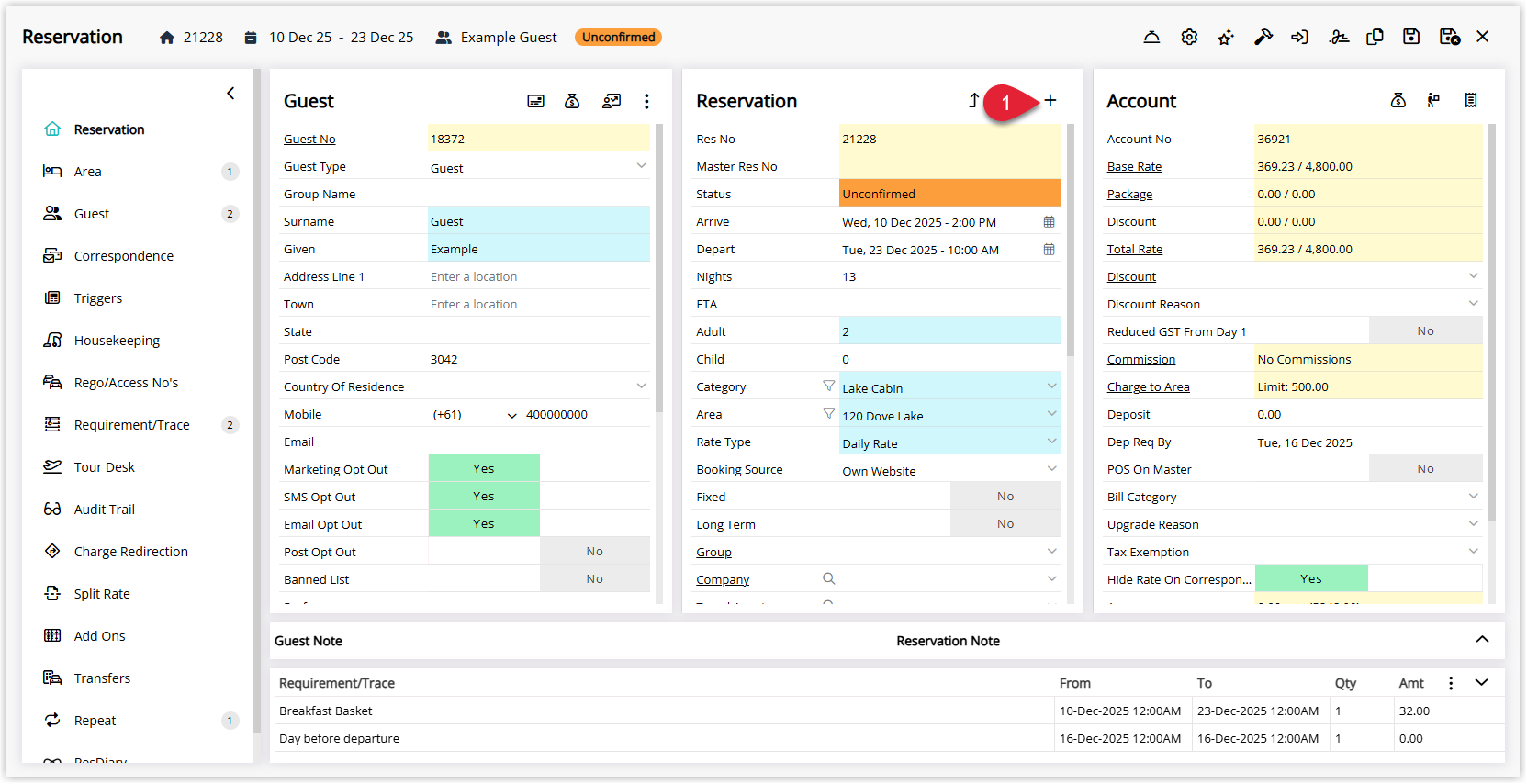 Reservation screen in RMS showing booking details with the ‘Add Area’ button highlighted, used to add another stay for the same guest onto the reservation.