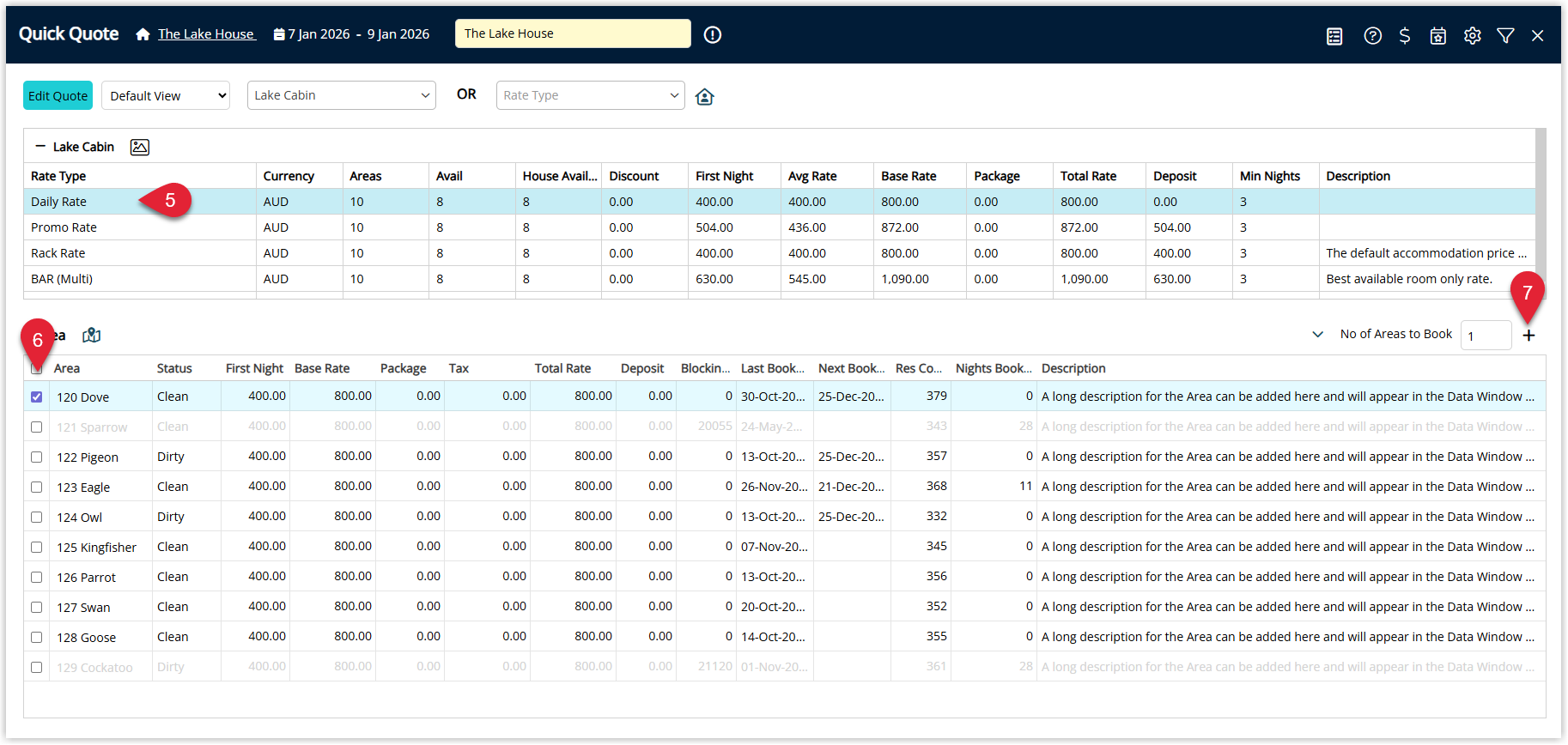 Quote results screen in RMS listing available Rate Types and Categories for the selected dates, with a chosen option highlighted and an ‘Add to Reservation’ button used to add the new stay to the guest’s reservation.
