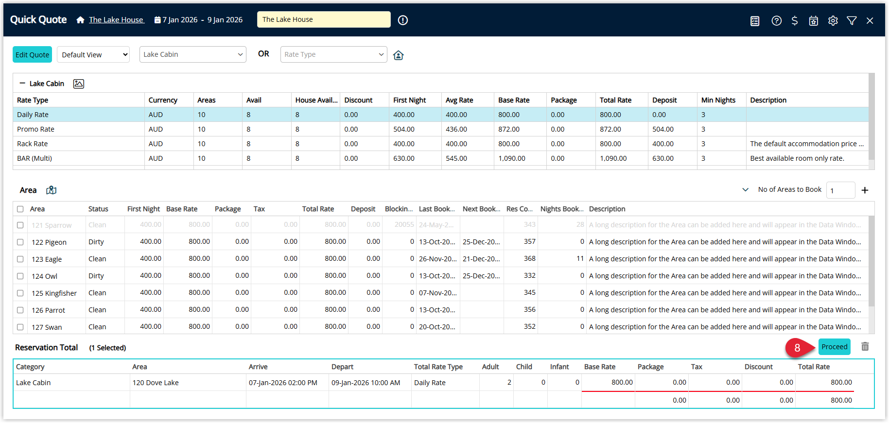 Reservation workflow screen in RMS showing multiple stays added, with a ‘Proceed’ button highlighted to continue to the Group Master setup.