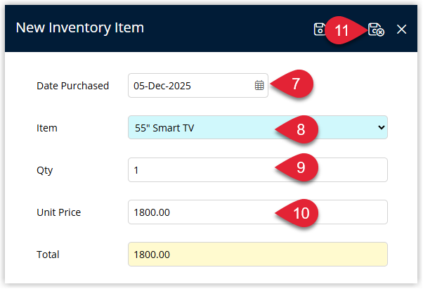 Screenshot of the Add Inventory Item window in RMS showing fields to select an inventory item, set the quantity and define the condition before adding it to the area inventory.