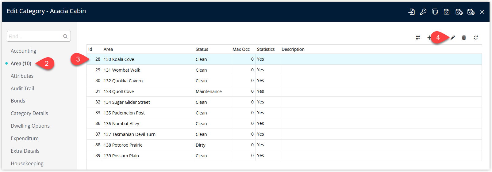 Screenshot of the Area setup screen in RMS with an existing area open for editing before assigning or viewing its inventory items.