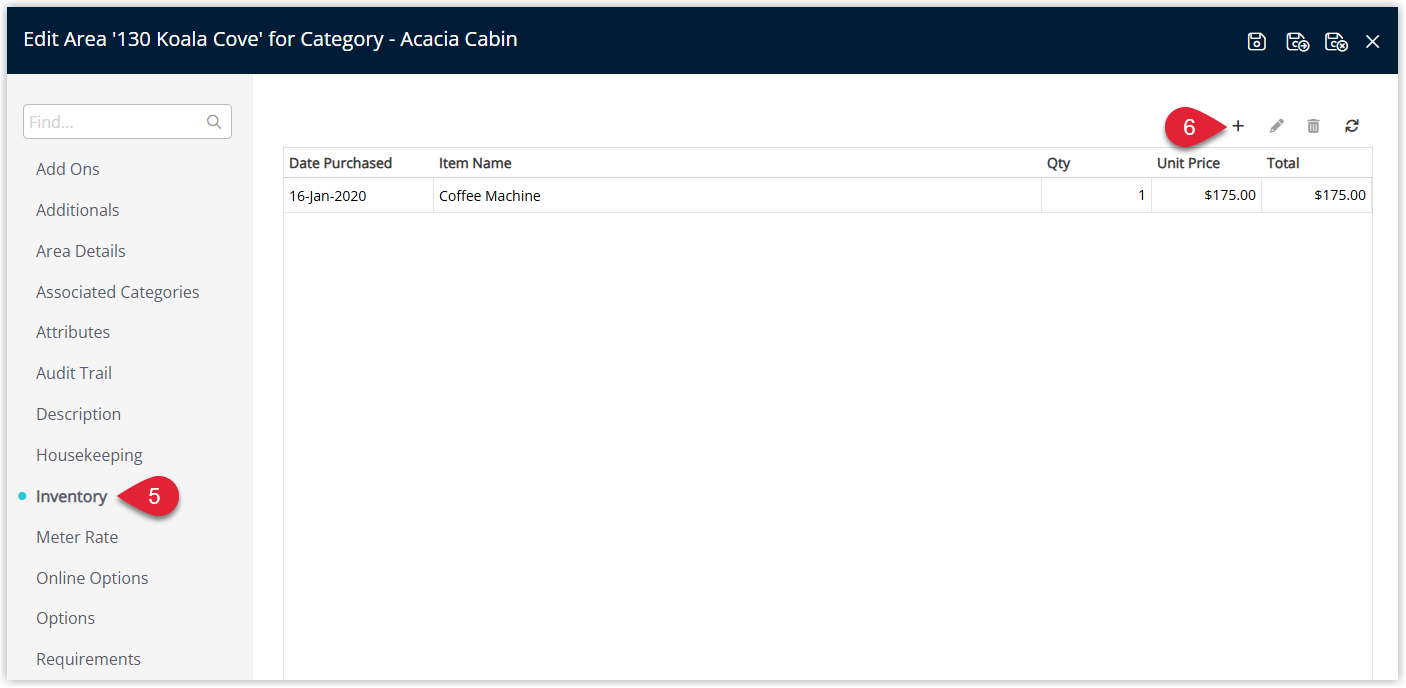 Screenshot of the Area Inventory tab in RMS showing a list of inventory items assigned to the selected area, including item descriptions, quantities and conditions.