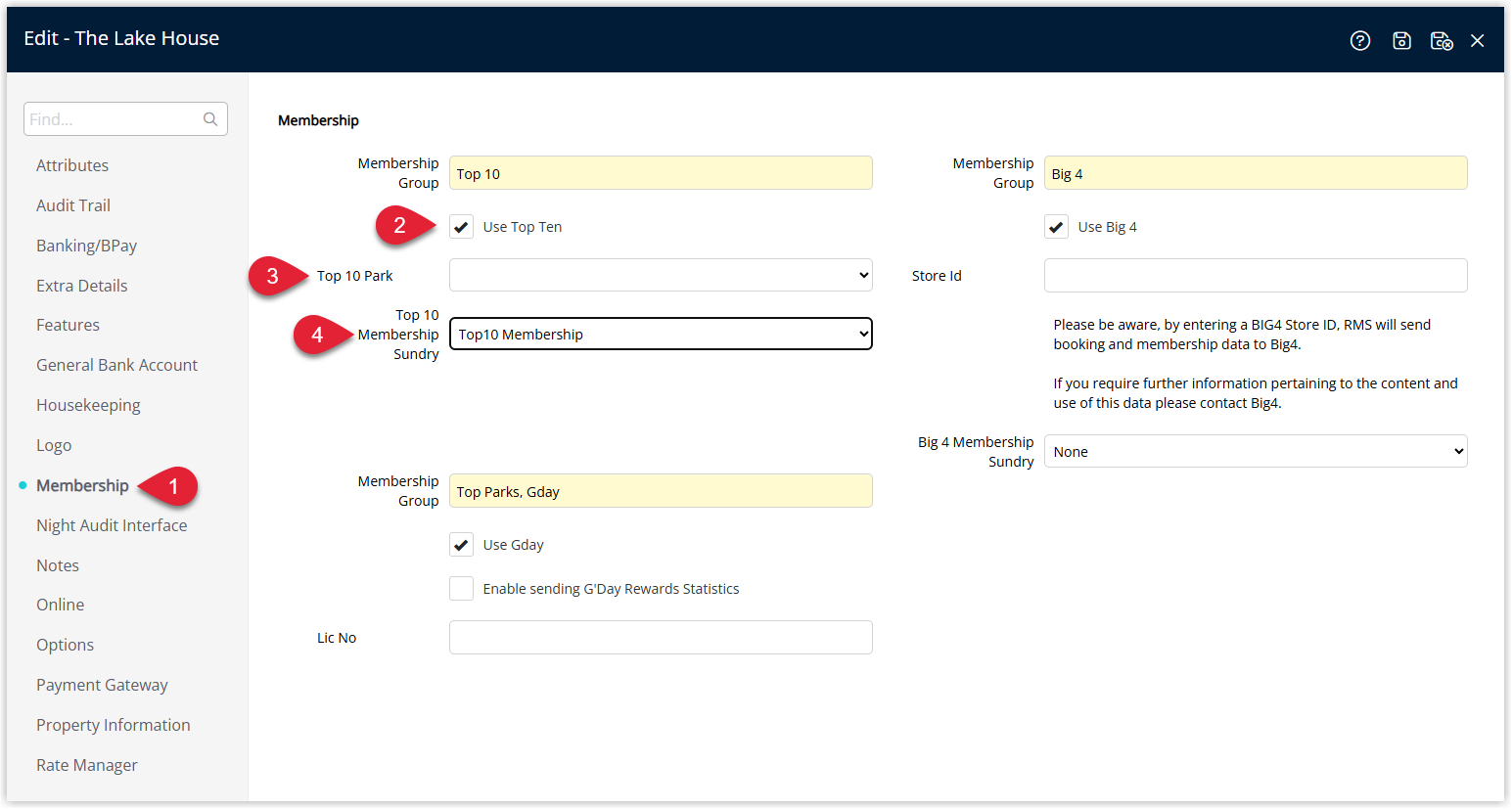 RMS General Information setup screen on the Membership tab showing the option “Use Top Ten” ticked, the Park drop-down set to the correct Top 10 park name, the Sundry field populated with the Top 10 Membership sundry charge, and the Save/Exit button highlighted to activate the Top 10 Membership Interface in RMS.