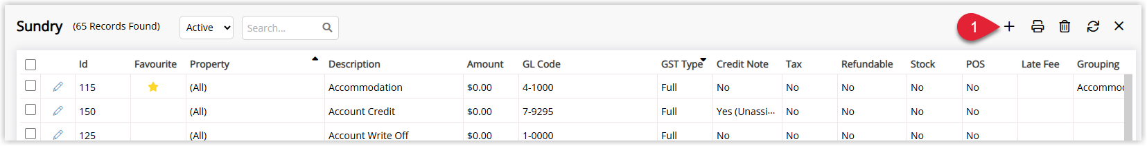 Sundry setup list in RMS showing existing sundry charges with an Add button to create a new Top 10 Club Card sundry