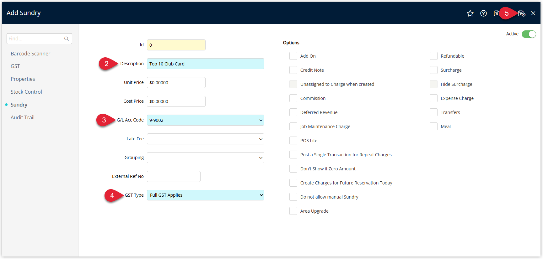 Sundry charge edit screen with Description set to Top 10 Club Card, GL Account Code and GST Type selected, and Unit Price left as 0.00000 for automated charging