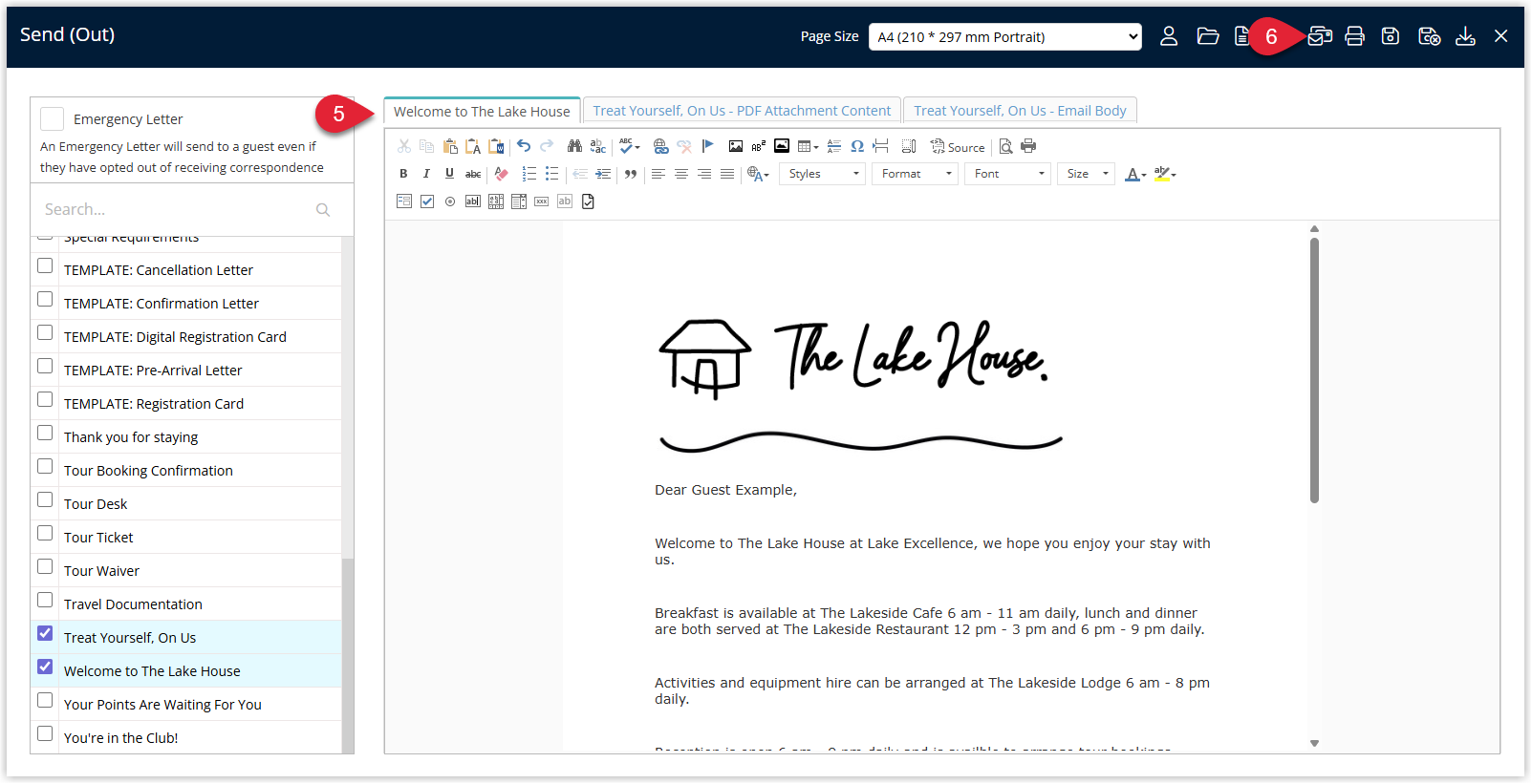 Screenshot of the merged Form Letters screen in RMS with multiple Form Letter tabs along the top and the Email All button highlighted to send all selected letters in one action.