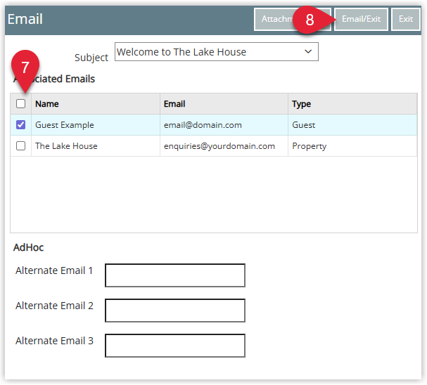 Screenshot of the Form Letter email send screen in RMS showing recipient checkboxes, fields for alternate email addresses and the Email/Exit button highlighted to send the selected Form Letters and close.