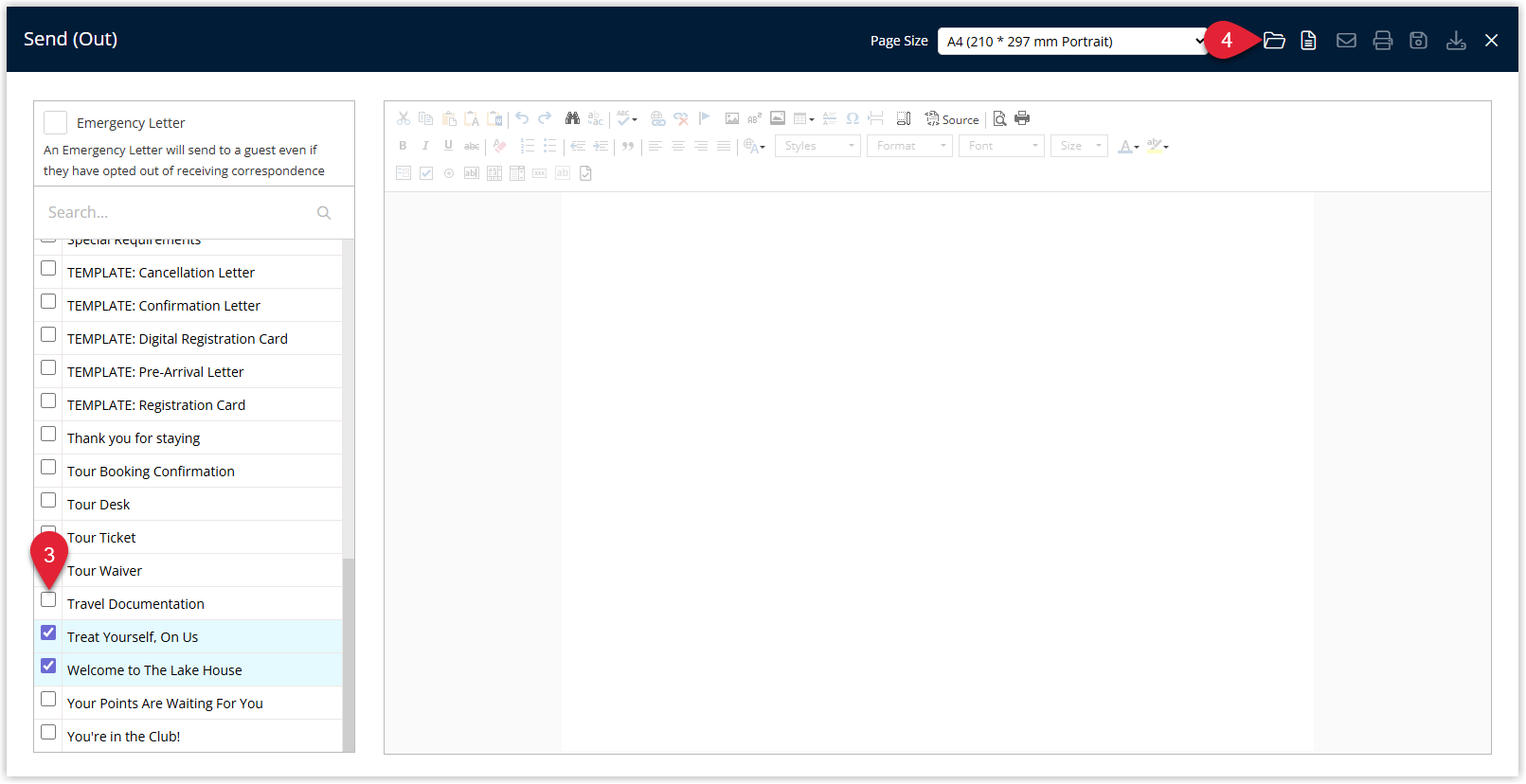 Screenshot of the Correspondence Send Out window in RMS showing a list of available Form Letters with multiple letters selected and an Emergency Form Letter checkbox option before choosing Open.