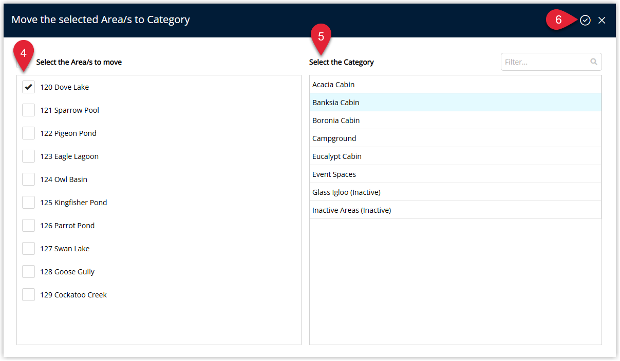 RMS Move Area dialog showing a dropdown to select the Area, a dropdown to choose the destination Category, and the Apply button highlighted to confirm the area move.